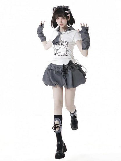Kitty Ears Design Sailor Collar White Drawstring Side T-shirt with Free Armwear