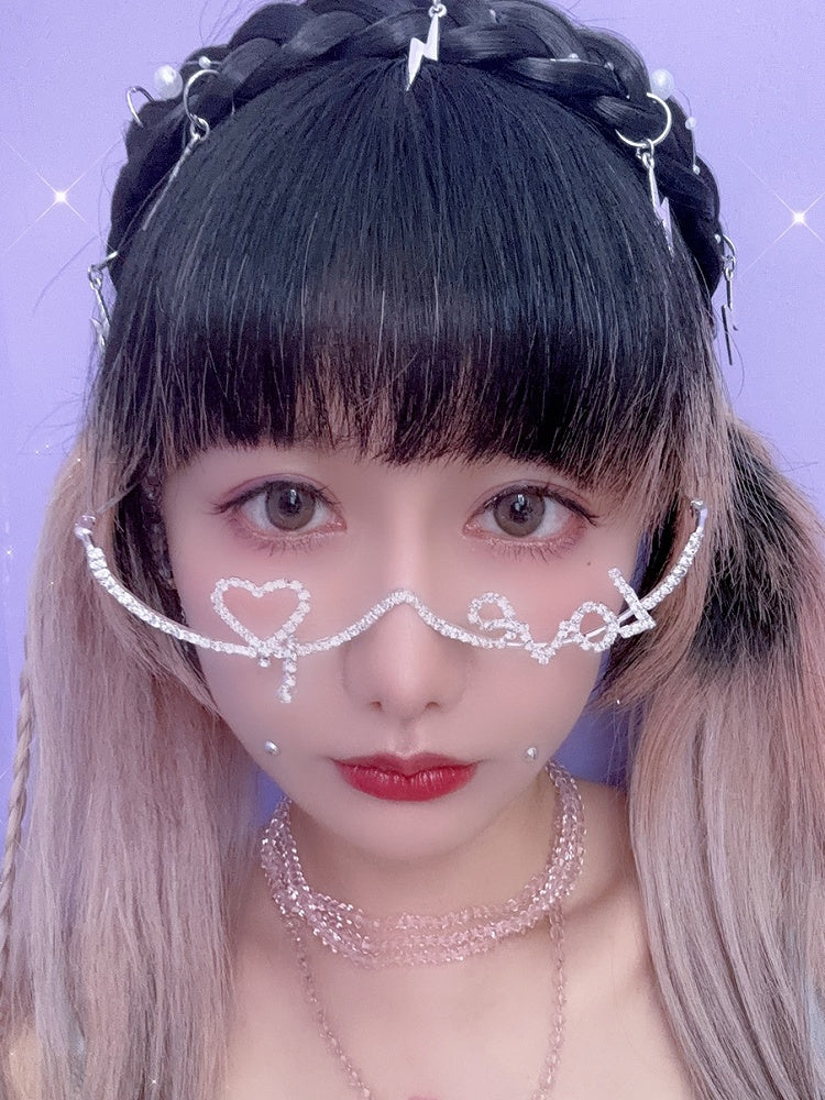 Silver Punk Rhinestone Letter And Heart Dcorated Eyeglasses Frame