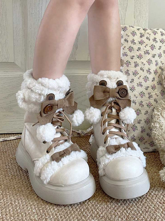 Cozy Fleece Lining with Adorable Bear Ears & Bow Embellishments Platform PU Off-white Boots in Sweet Lolita