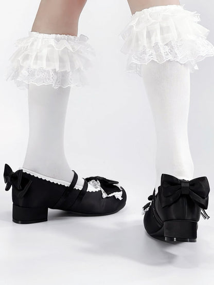 Black Sweet Lolita Low-heel Shoes - Round Toe with Ruffle Lace, Bow Decor & Paired Buckles