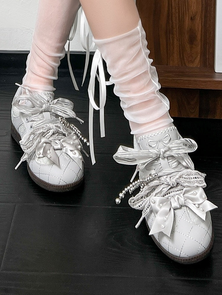 Gray Beaded Decorated Bow at Top Lace Front Lace-up Ties Sneakers