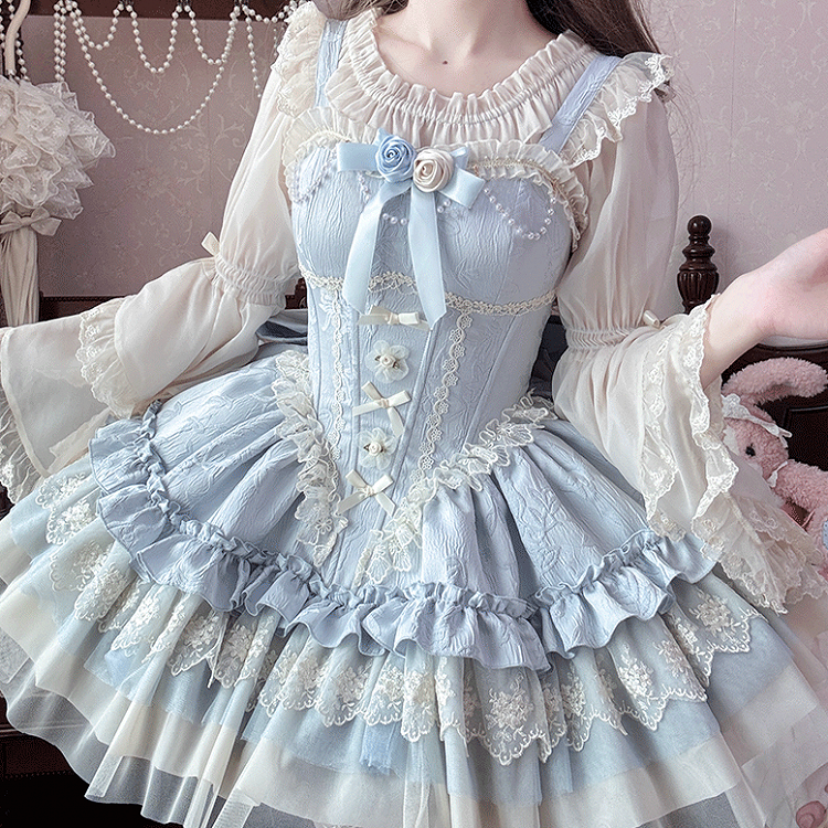 Apricot Elastic Neckline Layered Lace Cuffs Bell Sleeves Blouse