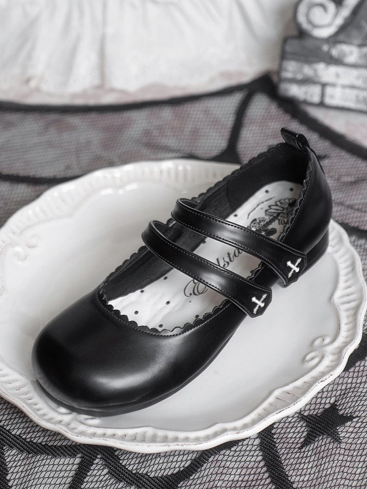 Black Gothic Cross Embroidery Velcro Strap Closures Round Toe Flats