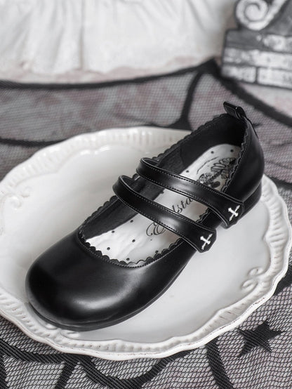 Black Gothic Cross Embroidery Velcro Strap Closures Round Toe Flats