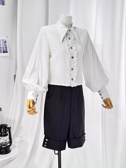 Ouji Lolita White and Black Eight-Piece Set - Asymmetrical Design Waistcoat + Shirt + Shorts + Matching Accessories