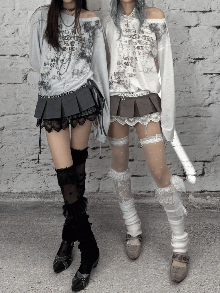 Blue/Beige Wasteland Punk Letter Print Asymmetrical Neckline Long Sleeves Top