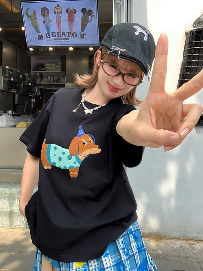 Plush Dachshund Embroidery Black Round Neck Cotton T-shirt