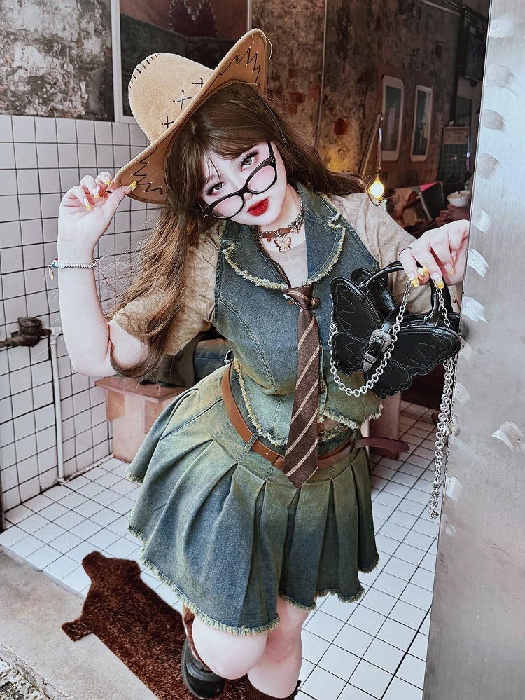 Plus Size Y2K Faded Wash Blue Denim Vest