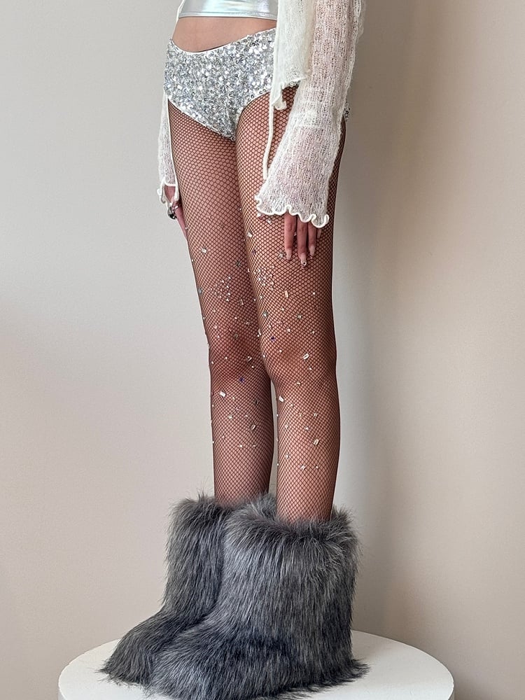 Black/White/Brown/Red Y2K Rhinestone Decorated Fishnet Design Tights