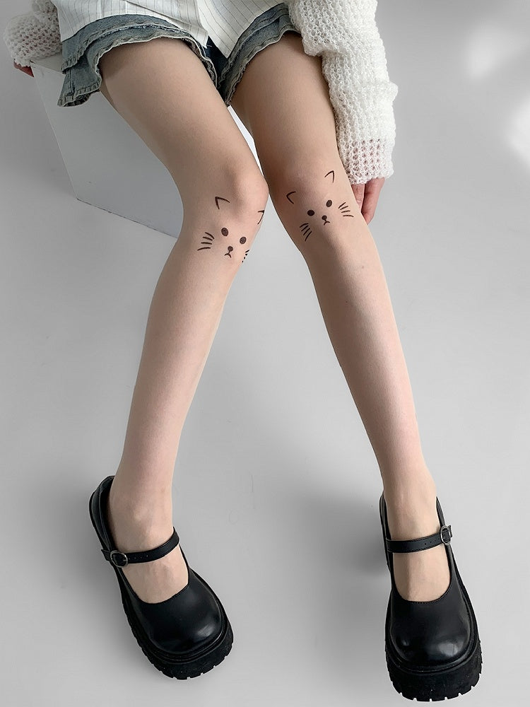 Nude Cat Print Sheer Tights