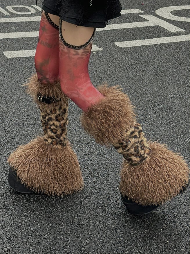 Brown Leopard Stud Buckle Straps Shaggy Leg Warmers