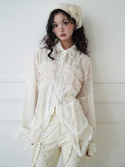 Lace-up Detail Beige Crosses Embroidery Chiffon Shirt Lace Trim