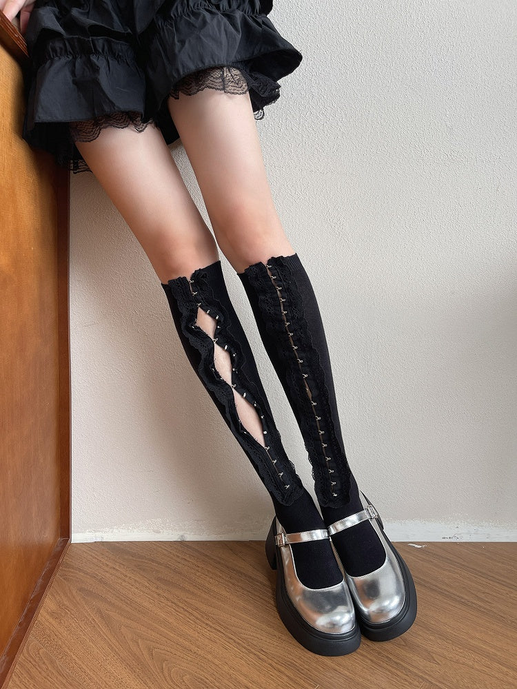 White/Black Ruffle Trim Underknee Stockings