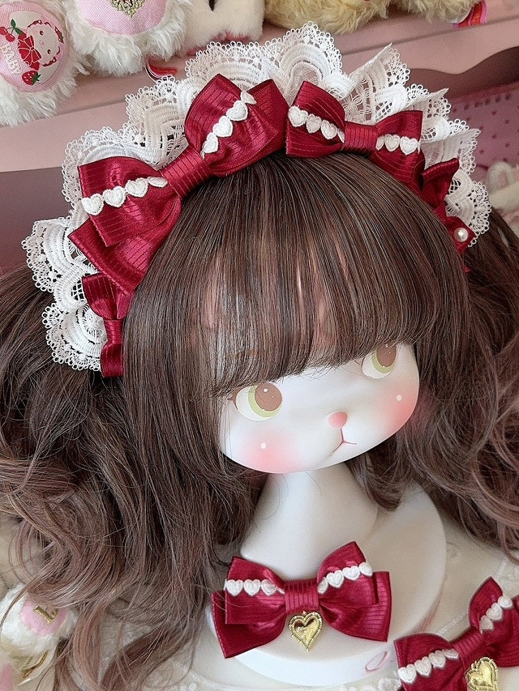 White&Red Heart Decorated Striped Pattern Bowknot Details Lace Trim KC