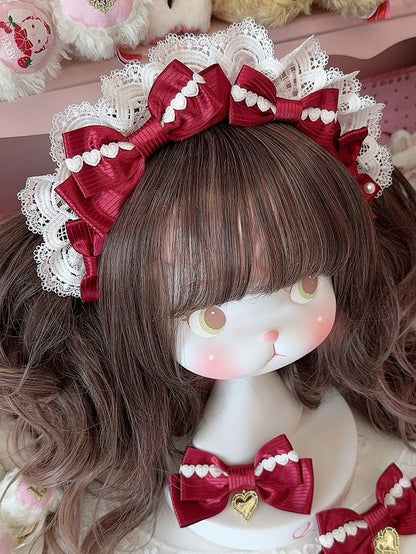 White&Red Heart Decorated Striped Pattern Bowknot Details Lace Trim KC