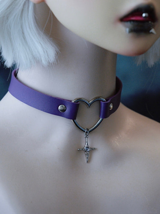 Purple Gothic Cross Pendant Heart Choker