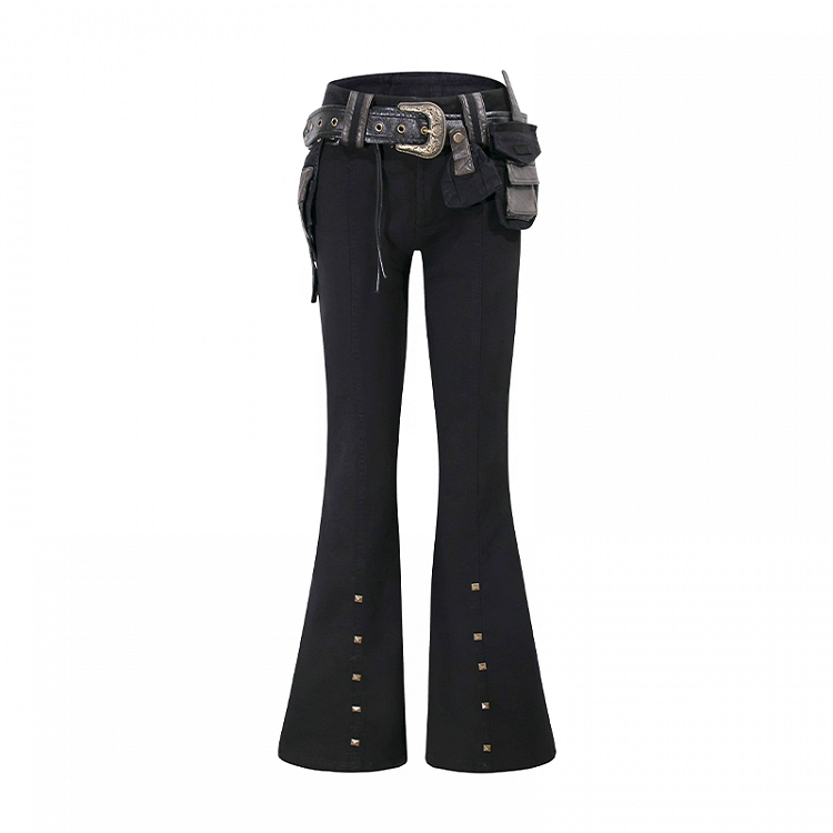 Black Low Waist Studded Cuffs Flared Pants with Buckle Belt