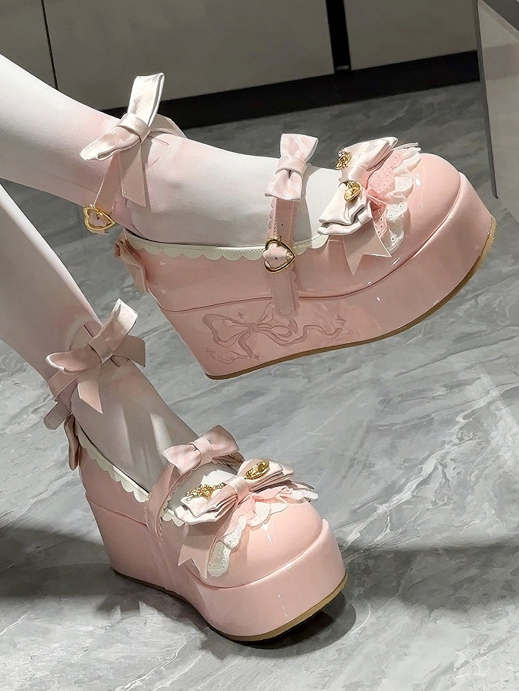 Pink Spoon Decorated Bowknot Details Sweet Lolita Platforms