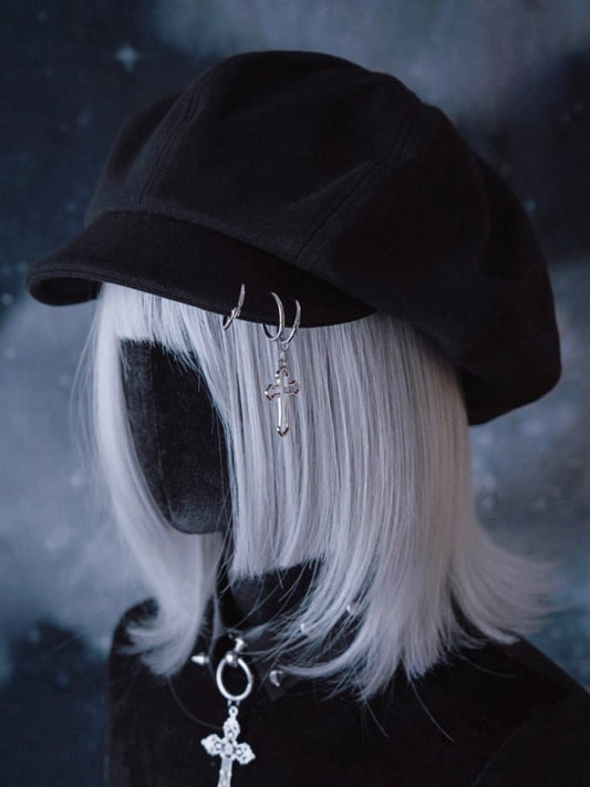 Cross Charm Black Gothic Beret