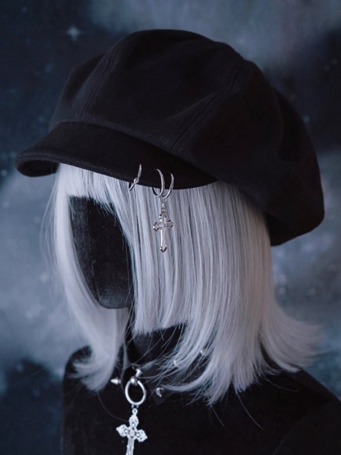 Cross Charm Black Gothic Beret