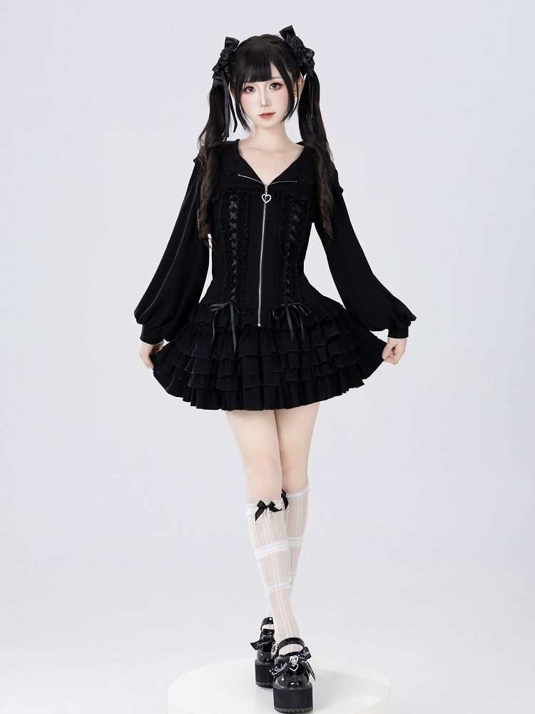 Autumn & Winter Jirai Kei Black Zip-up Hoodie with Ruffle Accents and Criss-cross Ribbon
