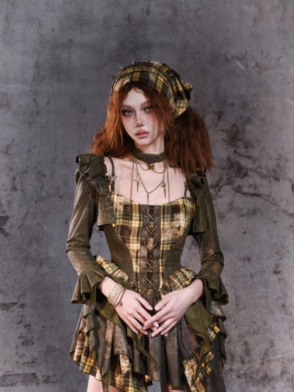 Green Asymmetrical Ruffled Cuff Shrug with Flutter Sleeve Detail at Shoulder