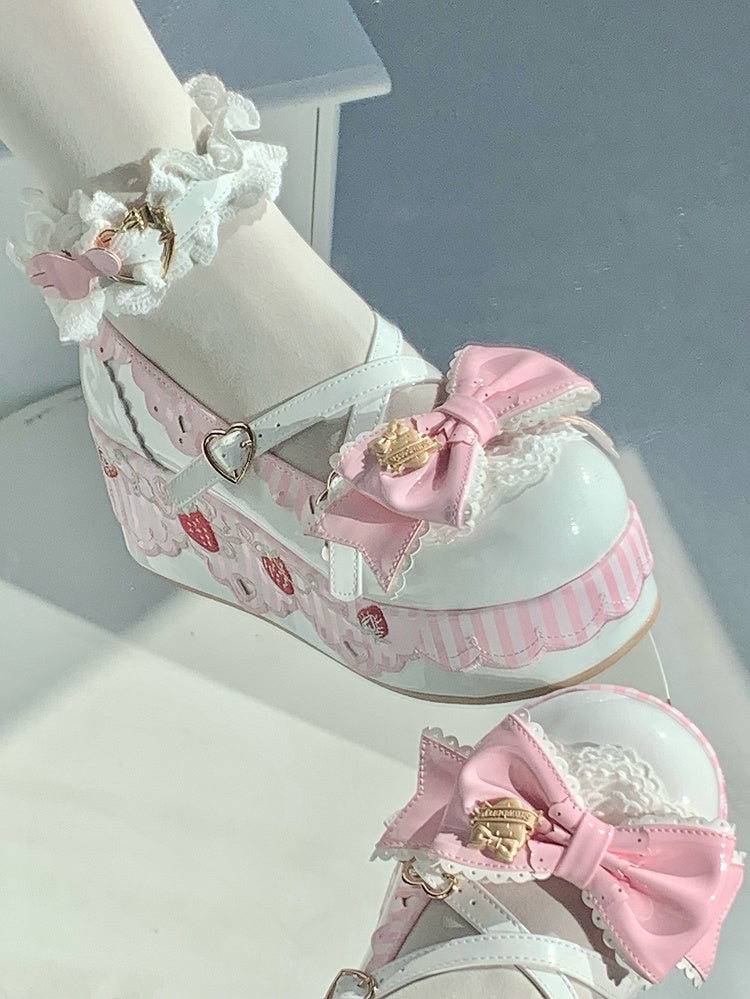 PU White Sweet Lolita Platform Mary Janes - Strawberry Details, Striped Scalloped Hem & Pink Top Bow