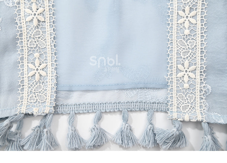 Butterfly Design Blue Floral Embroidery Long Sleeves Top Tassels Hem