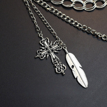 Cyberpunk Gothic Silver Cross Charm Waist Chain+Black PU Waist Belt