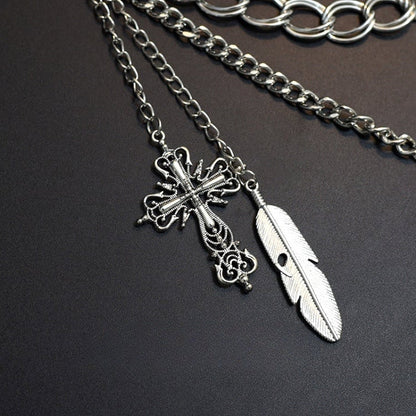 Cyberpunk Gothic Silver Cross Charm Waist Chain+Black PU Waist Belt