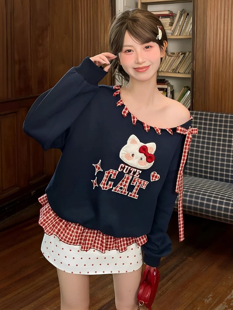Red Plaid Self-tie Straps at Asymmetrical Neckline Kitty Embroidery Applique Navy Blue Sweatshirt