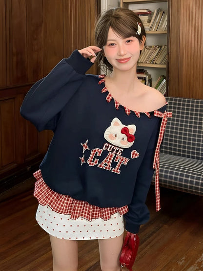Red Plaid Self-tie Straps at Asymmetrical Neckline Kitty Embroidery Applique Navy Blue Sweatshirt