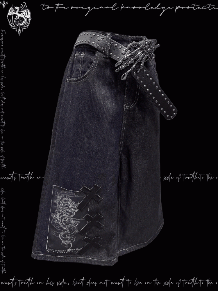 Dark Blue Dragon and Cross Appliques Punk Wide-Leg Jeans