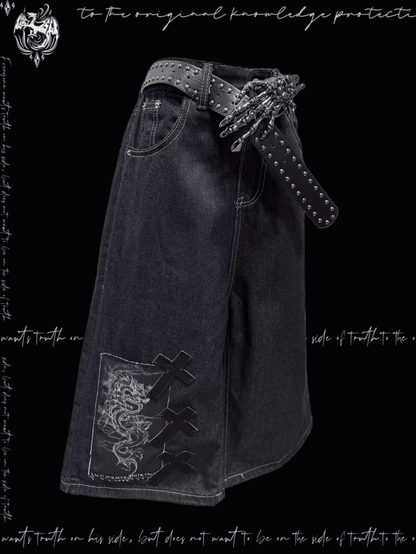 Dark Blue Dragon and Cross Appliques Punk Wide-Leg Jeans