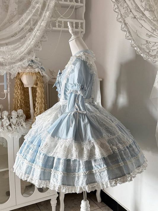 Baby Blue Old School Lolita Lace Trims Short Sleeves Cotton Dress