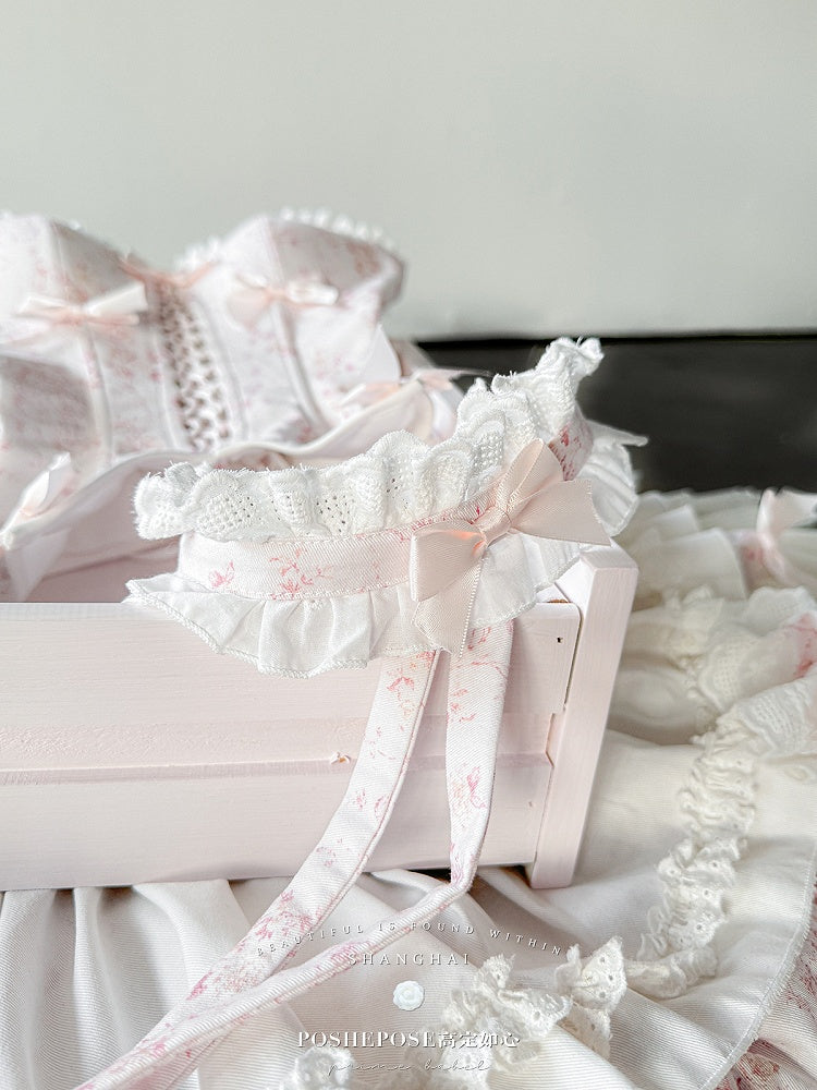 Pink & White Sweet Lolita Floral-Print Corset Top + Skirt + Choker + Arm Rings + KC Full Set
