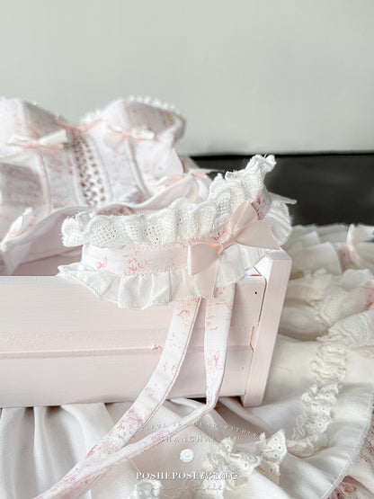 Pink & White Sweet Lolita Floral-Print Corset Top + Skirt + Choker + Arm Rings + KC Full Set