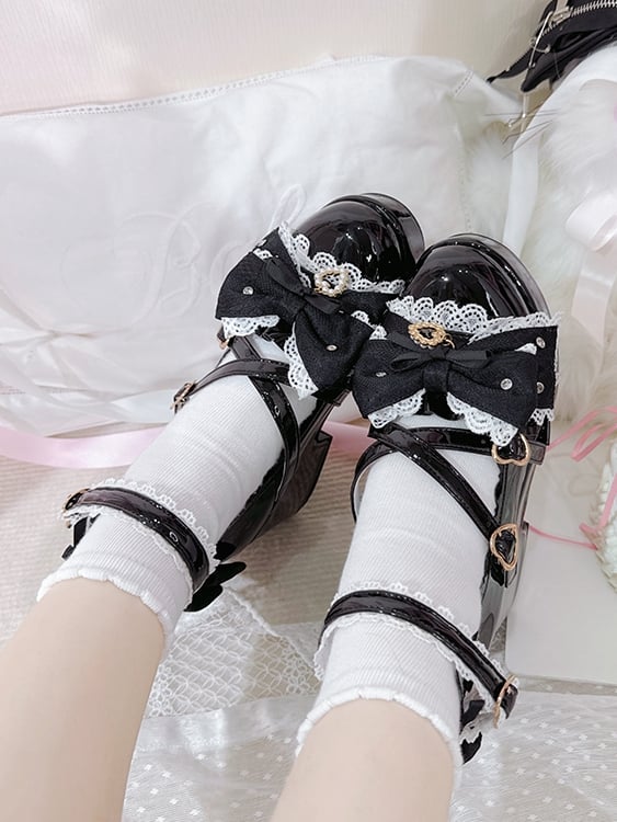 Polished Black Jirai Kei Bow at Top Crisscross Design Heart Buckles Platform High Block Heels Shoes