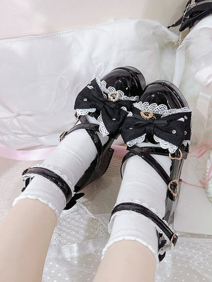 Polished Black Jirai Kei Bow at Top Crisscross Design Heart Buckles Platform High Block Heels Shoes