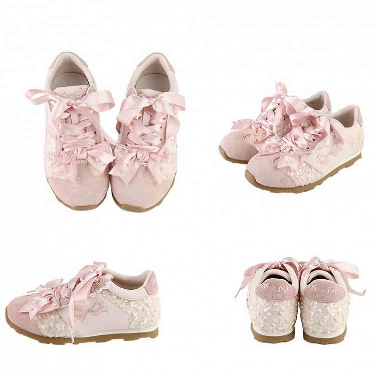 Pink Sequins Details Beaded Decorated Bowknot Sneakers