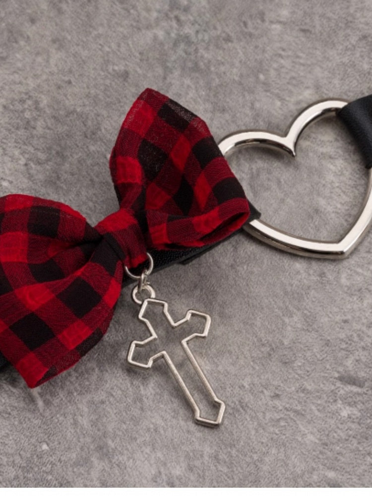 Black And Red Plaid Pattern Bowknot With Cross Pendant Heart Buckle Choker