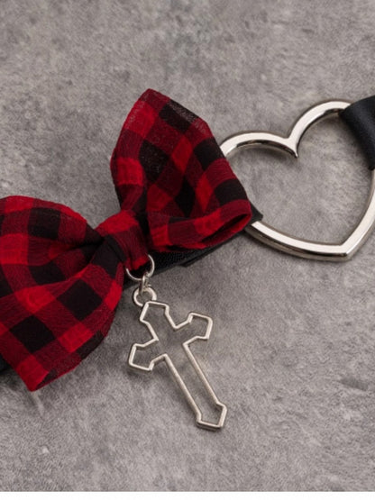 Black And Red Plaid Pattern Bowknot With Cross Pendant Heart Buckle Choker