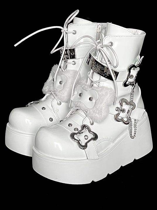 Buckle Straps Plush Bone Decorated Polished White Punk Platform Boots