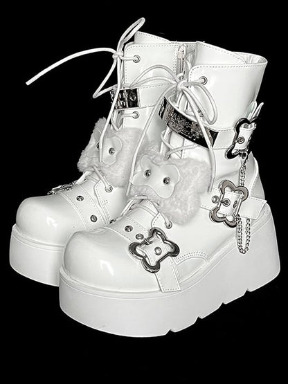 Buckle Straps Plush Bone Decorated Polished White Punk Platform Boots