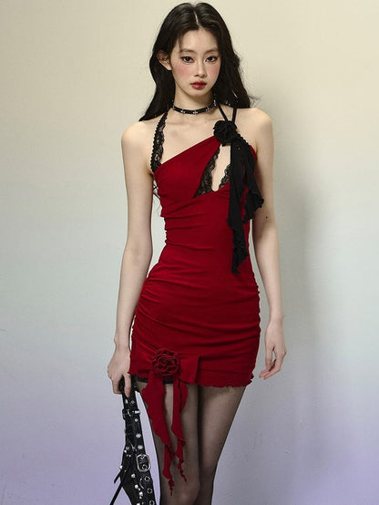 Clearance-Size S for Bust 64-68CM Red Floral Design Chest Cutout Halter Neck Mini Dress