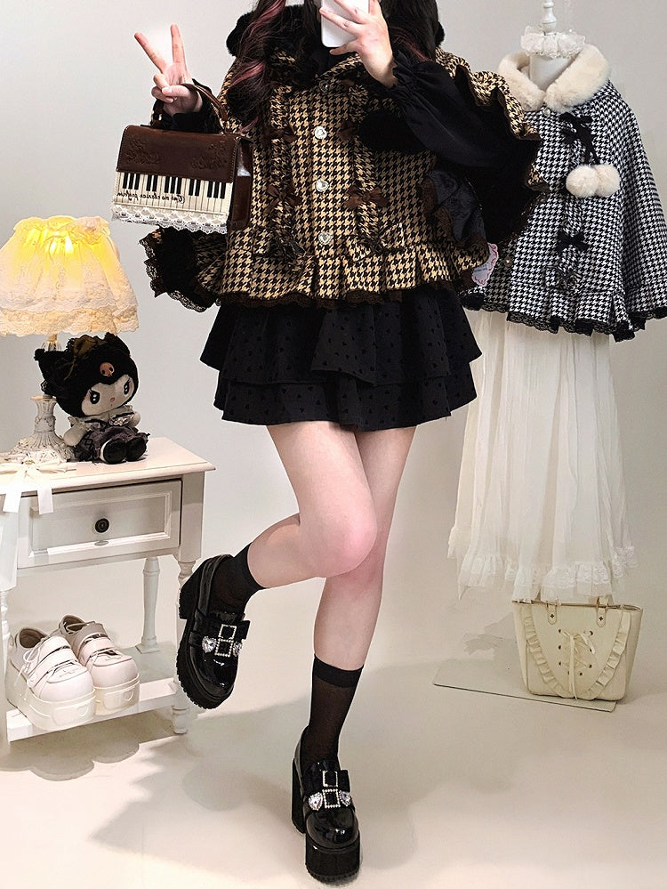 Jirai Kei Houndstooth Fleece-Lined Hooded Cape with Heart Buttons, Bow & Pompom | 3 Colors