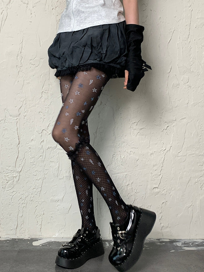 Black Punk Lace Trim Fishnet Over-knee Stockings
