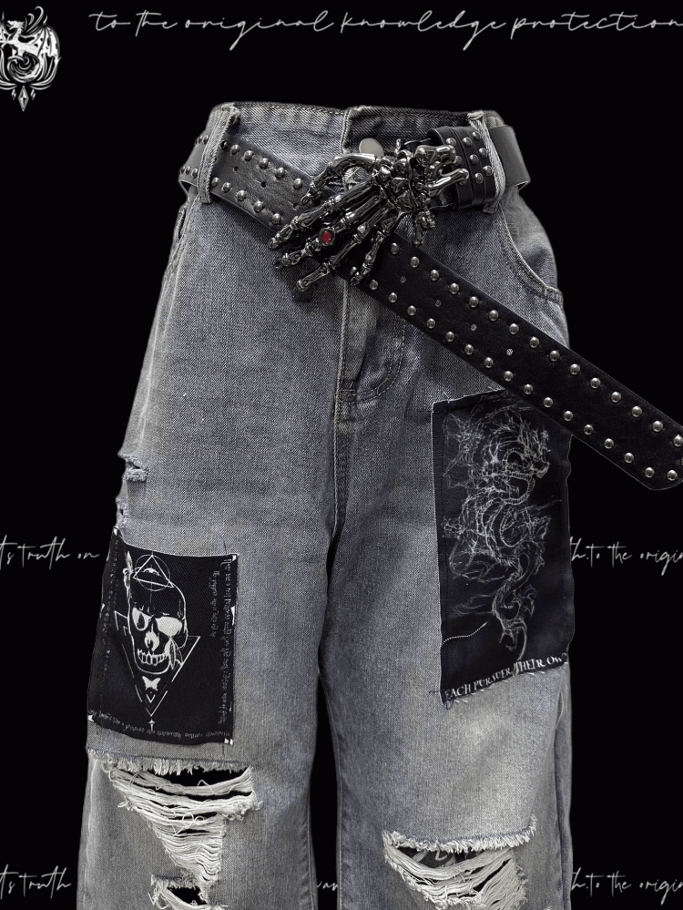 Blue Distressed Holes Skeleton Applique Punk Wide-leg Jeans