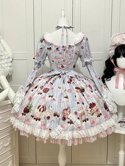 Strawberry Cake Print Blue Sweet Lolita Short Sleeves Dress with Detachable Bell Sleeves