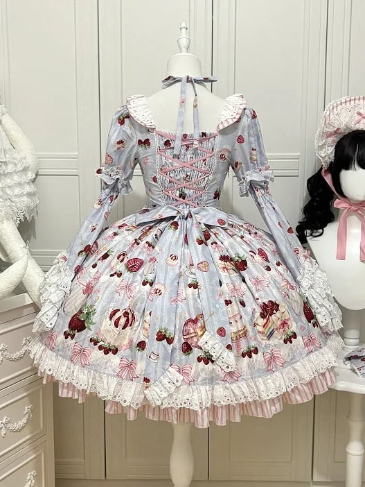 Strawberry Cake Print Blue Sweet Lolita Short Sleeves Dress with Detachable Bell Sleeves